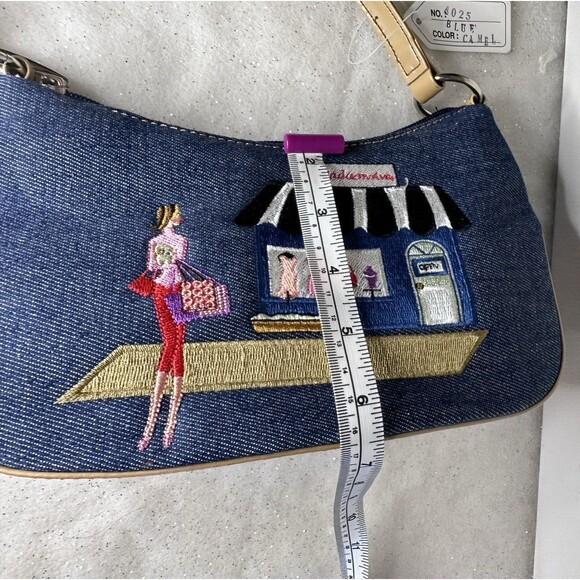 Unbranded Denim Embroidered Shoulder Bag Vegan Leather Trim - Picture 4 of 7